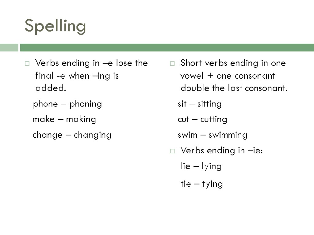 Spelling Verbs ending in –e lose the final -e when –ing is added. phone
